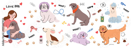 Cute dogs doodle vector set. Cartoon pet character design collection with dog care, dog health, shampoo, toy, ball, dog food, bowl. Set of funny pet animals isolated on white background.