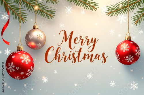 Red and gold Christmas tree balls hanging on a fir branch. Winter holiday background and text Merry Christmas. Postcard, illustration