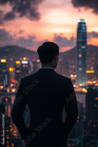 businessman against the backdrop of big city lights sunset view from the back Generative AI