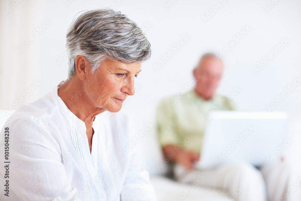Sofa, senior woman and thinking after conflict for fight, misunderstanding and upset in lounge. Angry couple, female person and man with laptop for cheating, online affair and wife with divorce idea Sofa, senior woman and thinking after conflict for fight, misunderstanding and upset in lounge. Angry couple, female person and man with laptop for cheating, online affair and wife with divorce idea