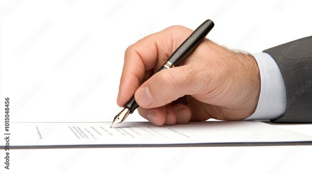 A businessman signing a document with a fountain pen, symbolizing agreements and professionalism. A businessman signing a document with a fountain pen, symbolizing agreements and professionalism.