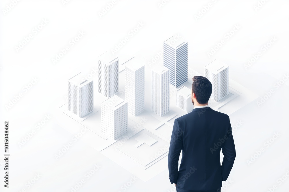 A businessman contemplating a modern cityscape of white buildings on a white background. A businessman contemplating a modern cityscape of white buildings on a white background.