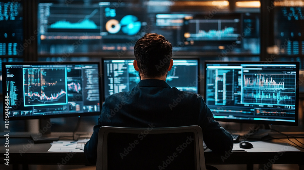 Data scientist analyzing complex datasets on multiple screens in a research lab. Data scientist analyzing complex datasets on multiple screens in a research lab.