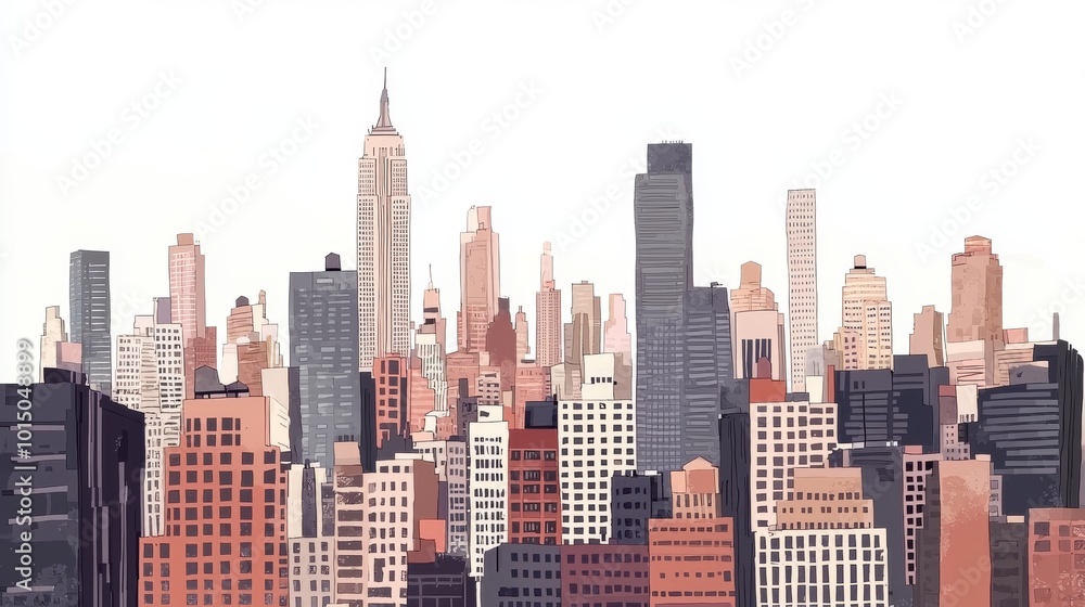 Obraz premium NYC skyline, solid buildings, solid buildings, no windows on buildings, muted colors, black outlins around buildings, white sky, vector style