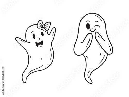 Cute nice smiling ghost spook is holding pumpkin in black isolated on white background. Hand drawn vector sketch illustration in doodle engraved vintage line art style. Happy Halloween symbol
