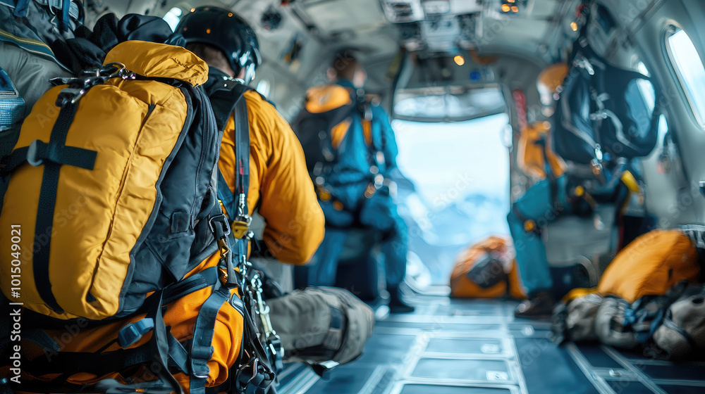 Inside a private airplane, an adventure seeker gets ready for a thrilling skydiving experience, surrounded by gear and anticipation, embodying the spirit of excitement and exploration.