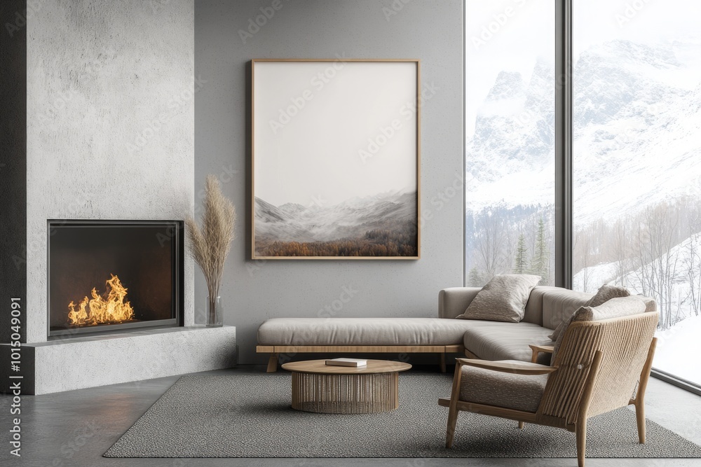 Stylish Living Room Interior with Chic Decor and Panoramic Window Stylish Living Room Interior with Chic Decor and Panoramic Window