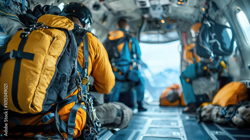 Obraz na płótnie Inside a private airplane, an adventure seeker gets ready for a thrilling skydiving experience, surrounded by gear and anticipation, embodying the spirit of excitement and exploration. w salonie