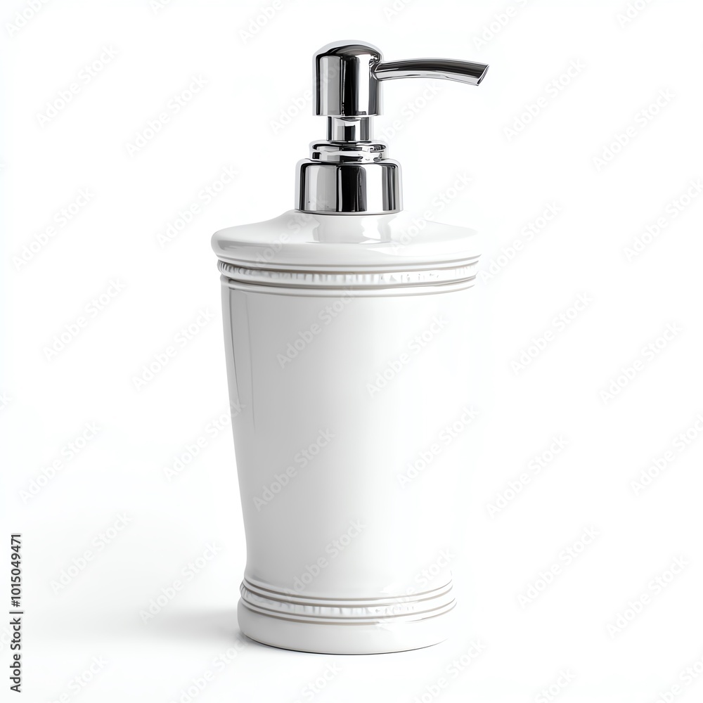 Elegant white soap dispenser with a sleek silver pump on a bright background. Elegant white soap dispenser with a sleek silver pump on a bright background.