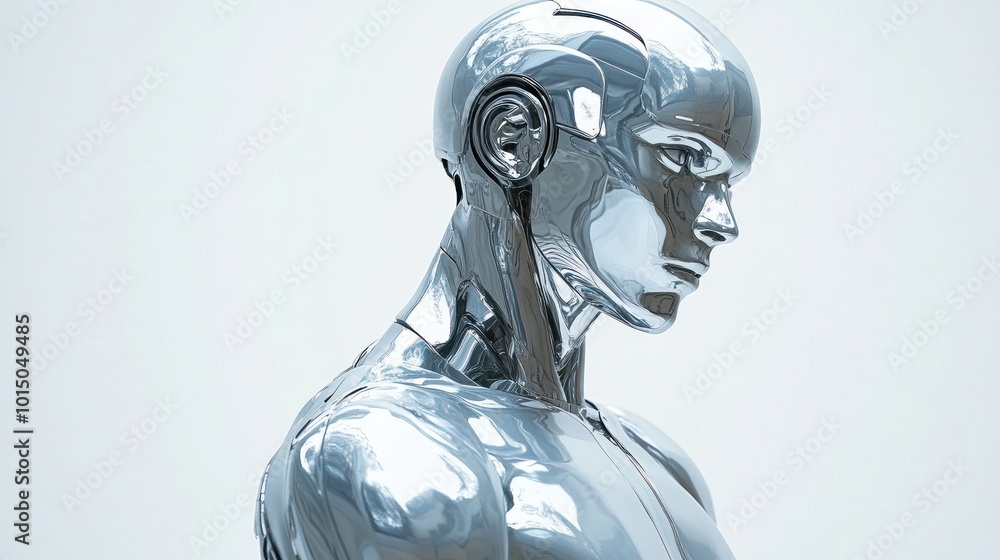 A sleek, reflective figure stands elegantly, embodying advanced artistic technology A sleek, reflective figure stands elegantly, embodying advanced artistic technology