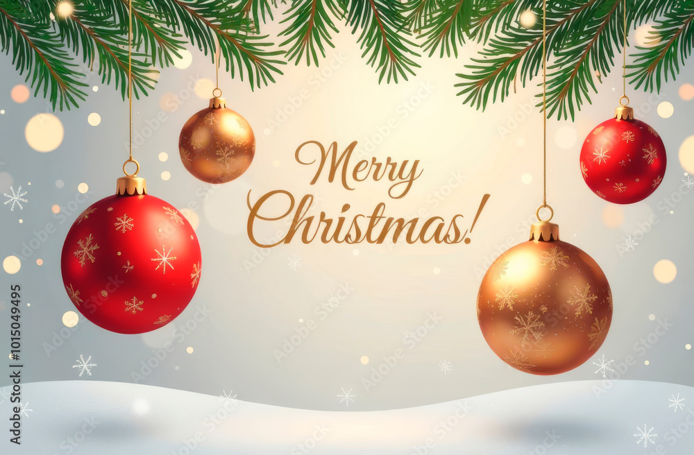 Red and gold Christmas tree balls hanging on a fir branch. Winter holiday background and text Merry Christmas. Postcard, illustration Red and gold Christmas tree balls hanging on a fir branch. Winter holiday background and text Merry Christmas. Postcard, illustration