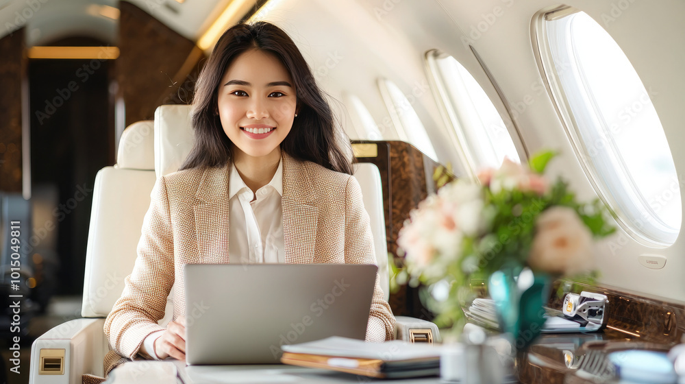An Asian businesswoman immersed in work on her laptop inside a private jet, showcasing the seamless integration of remote work and luxury air travel in today's fast-paced global business world.