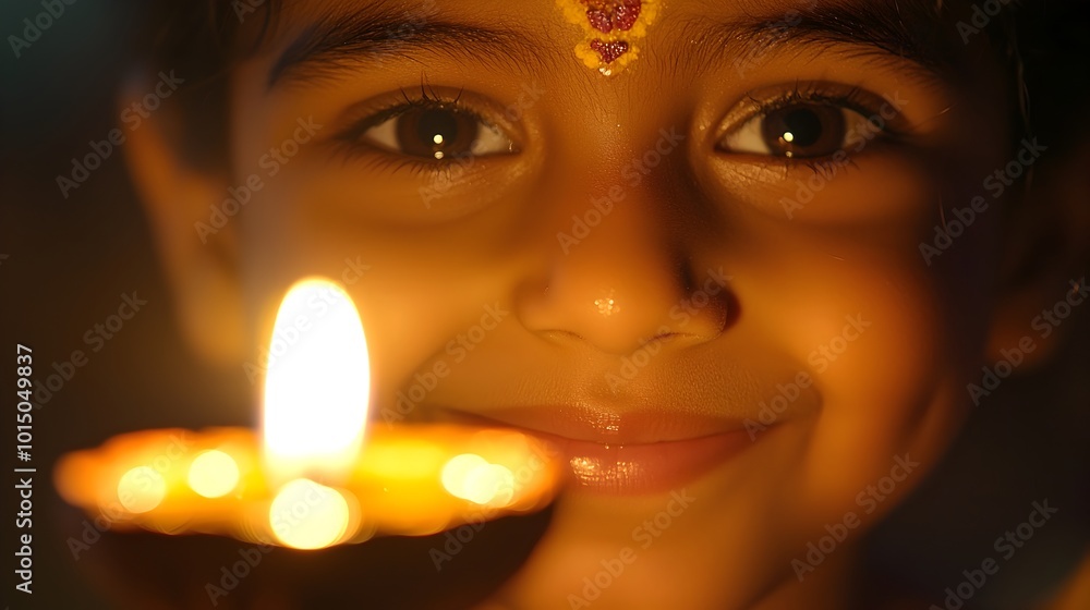 Glowing Eyes of a Young Girl Celebrating Diwali with a Candle's Flame Glowing Eyes of a Young Girl Celebrating Diwali with a Candle's Flame