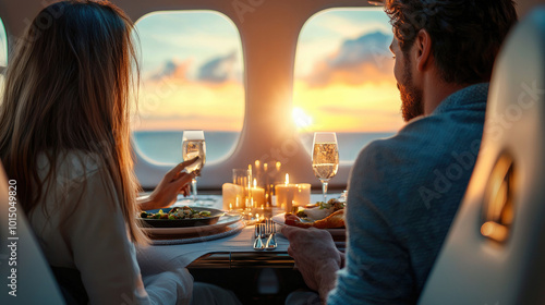 A couple sharing a romantic candlelit dinner aboard a private airplane, with breathtaking views out the window, capturing love, intimacy, and elegance high above the clouds.