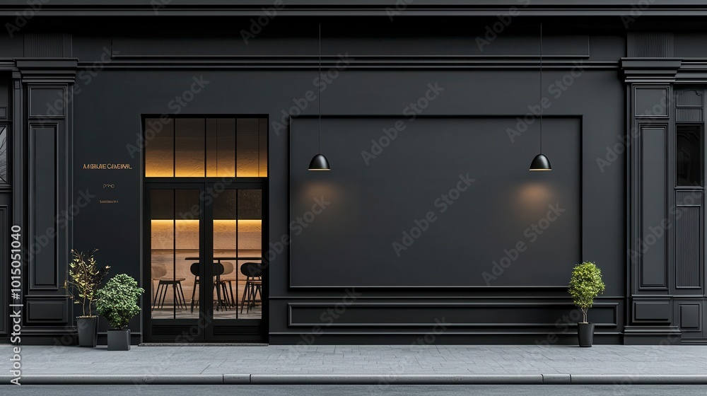Facade of an upscale restaurant with sleek black exterior and minimalist signage Facade of an upscale restaurant with sleek black exterior and minimalist signage