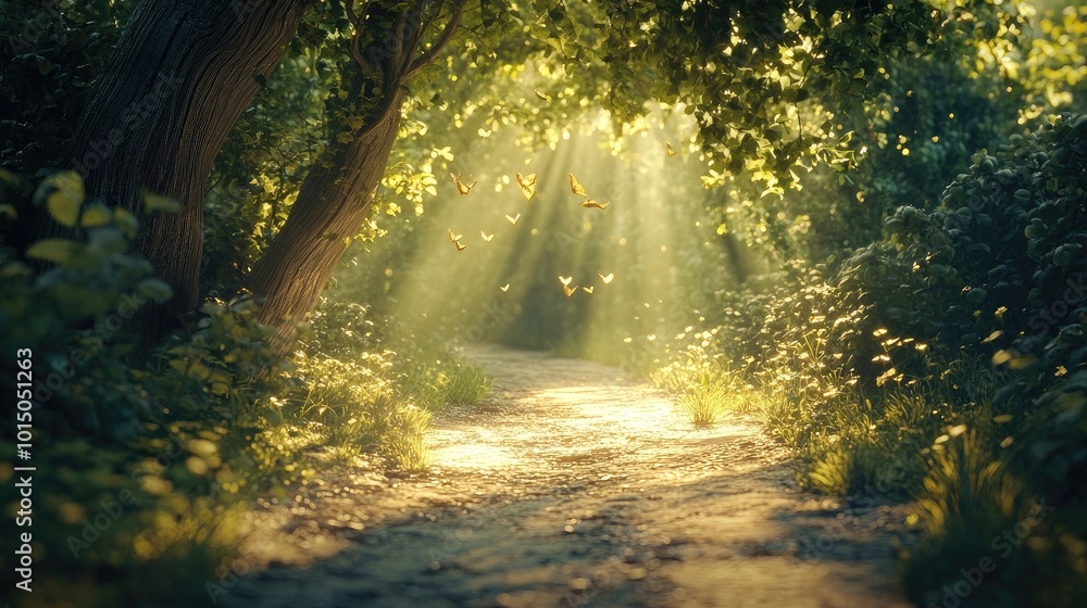 Obraz premium Mystical Forest Path with Sunbeams 3d animation