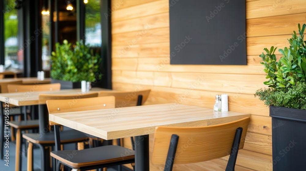 Fast-casual restaurant with bright, inviting facade and outdoor tables Fast-casual restaurant with bright, inviting facade and outdoor tables