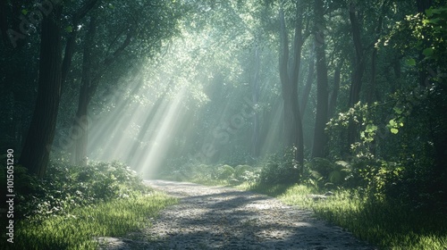 Mystical Forest Path with Sunlight Streaming Through Trees 3d animation