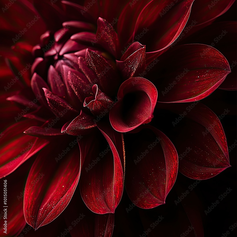 A macro shot of a deep red dahlia flower with intricate petal layers, softly illuminated by natural light A macro shot of a deep red dahlia flower with intricate petal layers, softly illuminated by natural light