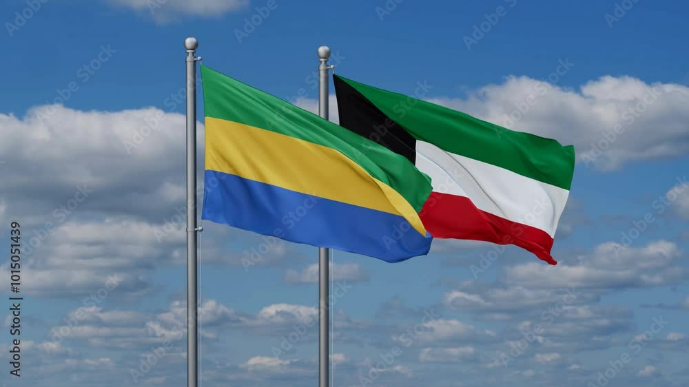 Kuwait and Gabon flags flying together, video concept of the relationship, two country cooperation concept Kuwait and Gabon flags flying together, video concept of the relationship, two country cooperation concept