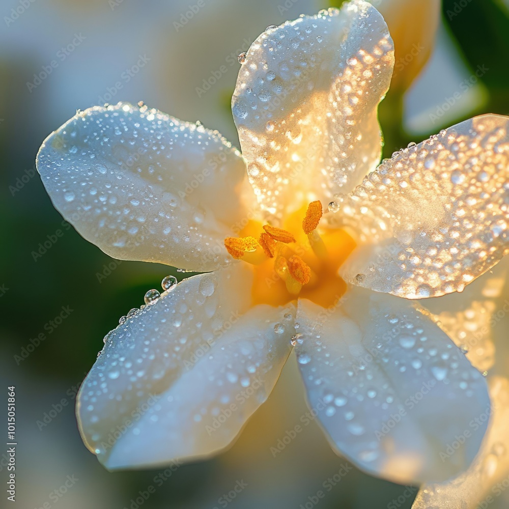 Fototapeta premium A macro shot of a delicate white jasmine flower, with tiny droplets of dew on the petals glistening in the morning light