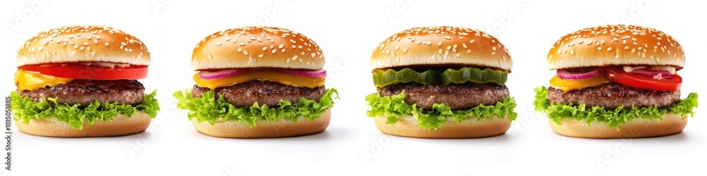 Delicious Burger Collection with Various Ingredients on White Background Delicious Burger Collection with Various Ingredients on White Background