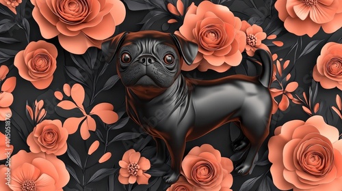 Ornamental Dog Pattern, Black and Peach Floral Dog Seamless Pattern 3d animation