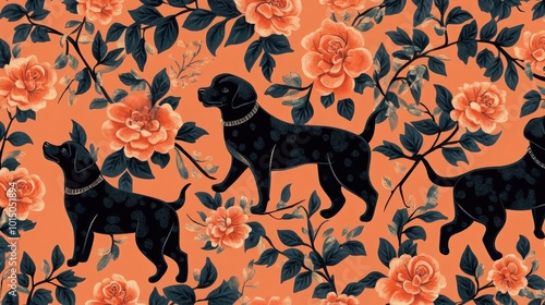 Ornamental Dog Pattern, Black and Peach Floral Dog Seamless Pattern 3d animation