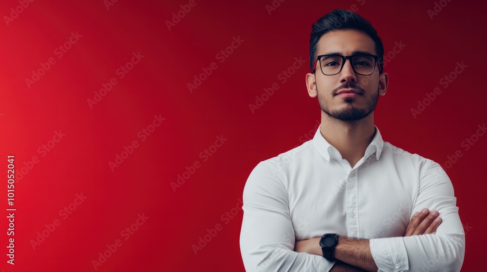 Obraz premium A business professional preparing for a presentation in front of a simple red background, creating a strong and professional environment