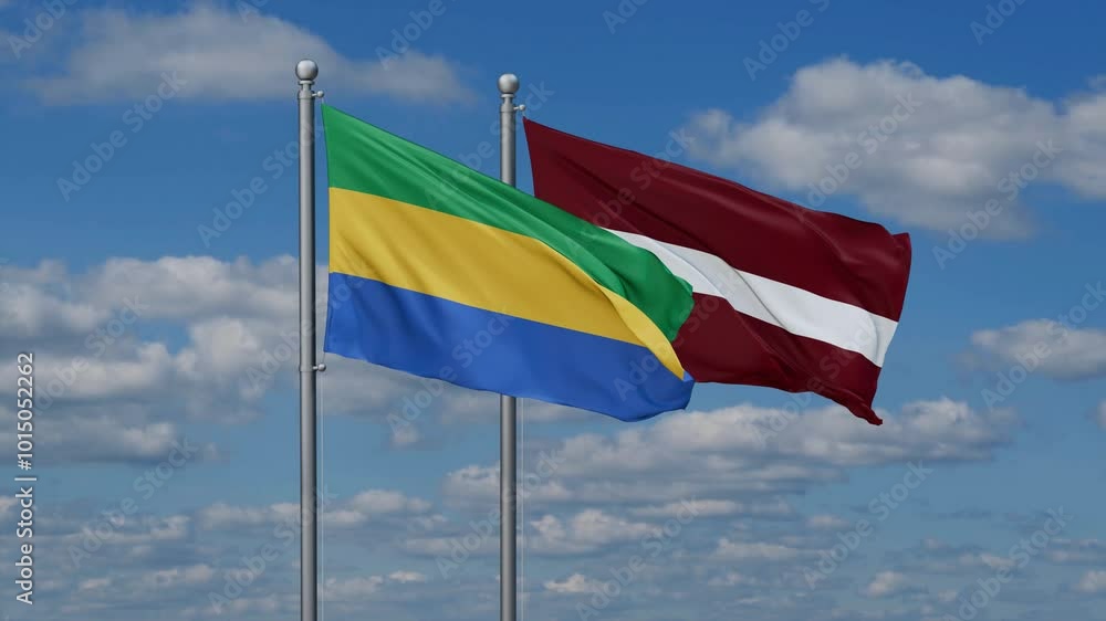 Latvia and Gabon flags flying together, video concept of the relationship, two country cooperation concept Latvia and Gabon flags flying together, video concept of the relationship, two country cooperation concept