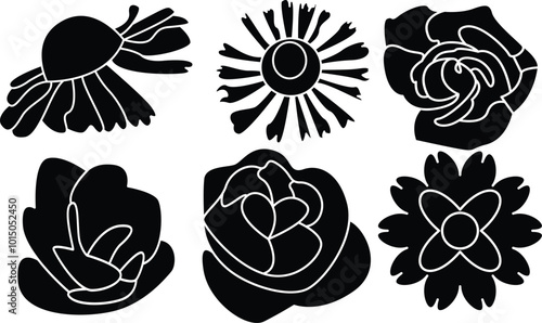 Vector black Flower silhouettes and icon set for t-shirt and logo design. Contains rose, sunflower, wildflower, betty flower and etc.  photo