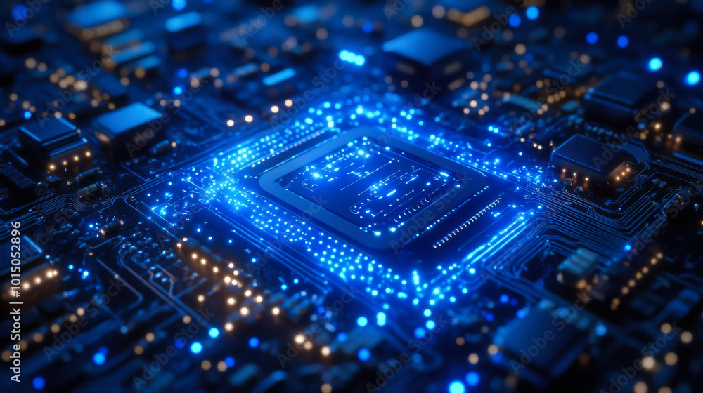 Close-up view of a glowing microprocessor on a circuit board filled with vibrant blue and orange lights, showcasing advanced technology Close-up view of a glowing microprocessor on a circuit board filled with vibrant blue and orange lights, showcasing advanced technology