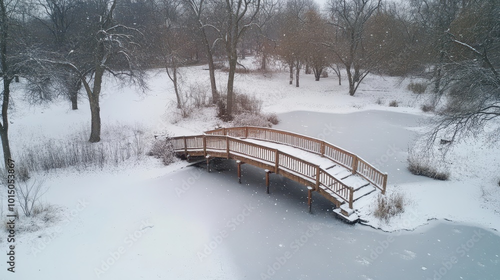 Snowy Wooden Bridge Over Frozen Water Snowy Wooden Bridge Over Frozen Water