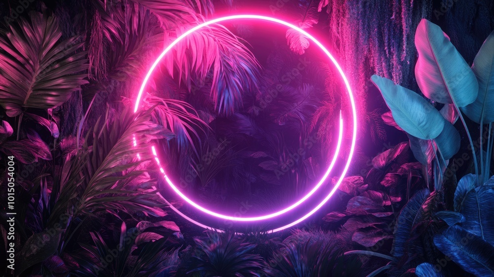 Neon Jungle: Vibrant Tropical Plants in Cyber Environment, Illuminated With Pink and Blue Fluorescent Light Neon Jungle: Vibrant Tropical Plants in Cyber Environment, Illuminated With Pink and Blue Fluorescent Light
