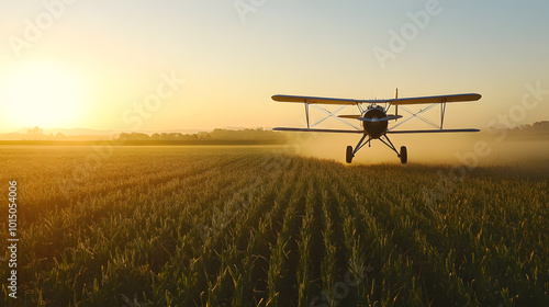 Crop duster aircraft flying over a cornfield and spraying