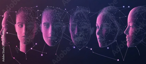 Abstract 3d camera scanning faces. Polygonal face recognition system, biometric scanning,