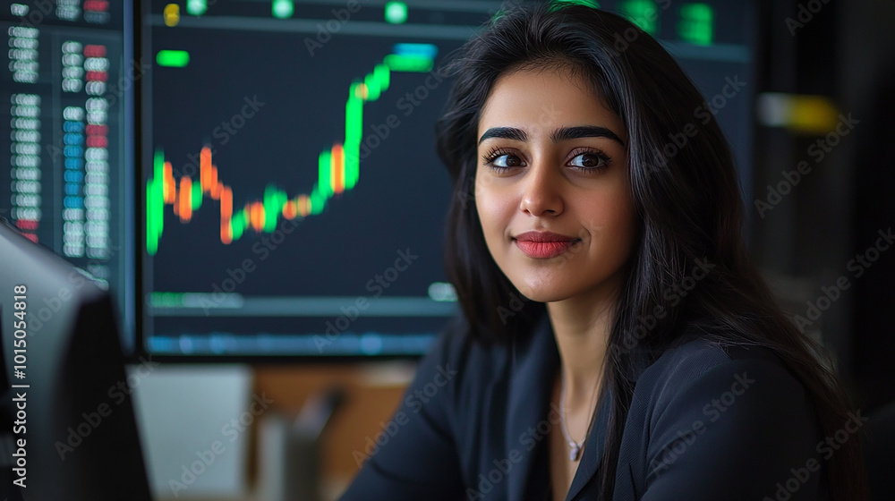 Indian businesswoman using a computer to analyze stock market trends modern portrait financial graphs background Indian businesswoman using a computer to analyze stock market trends modern portrait financial graphs background