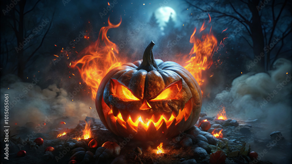 A menacing jack-o'-lantern emits an eerie glow amidst swirling flames, set against a dark forest under a full moon, capturing the spirit of Halloween A menacing jack-o'-lantern emits an eerie glow amidst swirling flames, set against a dark forest under a full moon, capturing the spirit of Halloween
