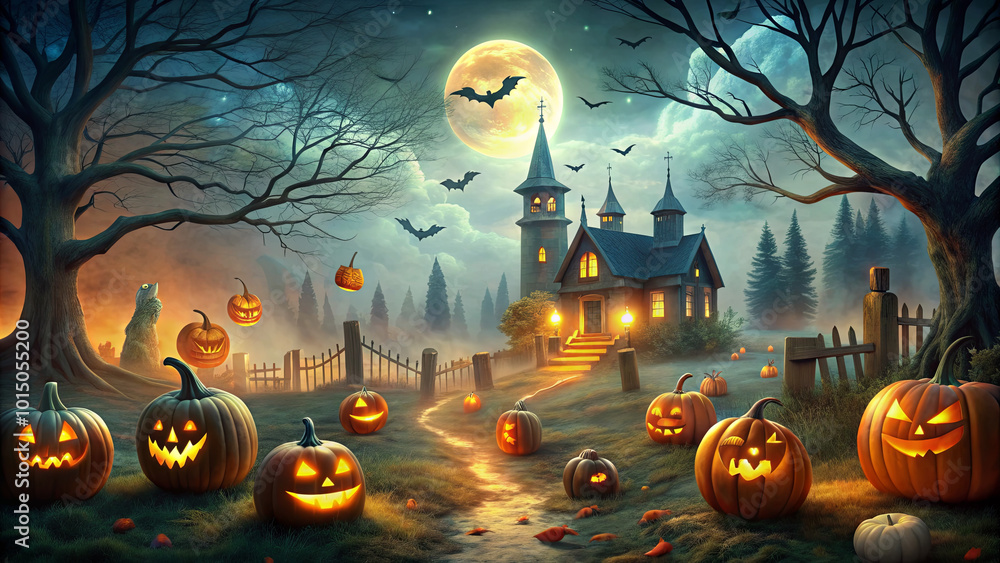 Fototapeta premium Carved pumpkins illuminate a winding path leading to a haunted house, surrounded by bats, bare trees, and a glowing full moon on Halloween night