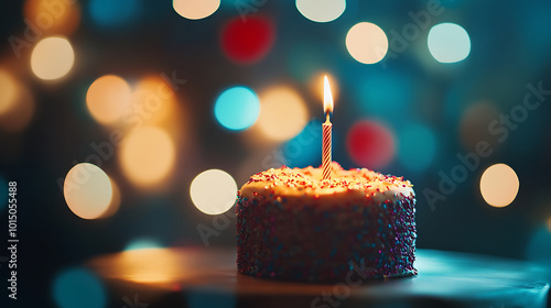 A classic birthday cake adorned with lit candles, set against a dark background with warm, glowing bokeh lights.