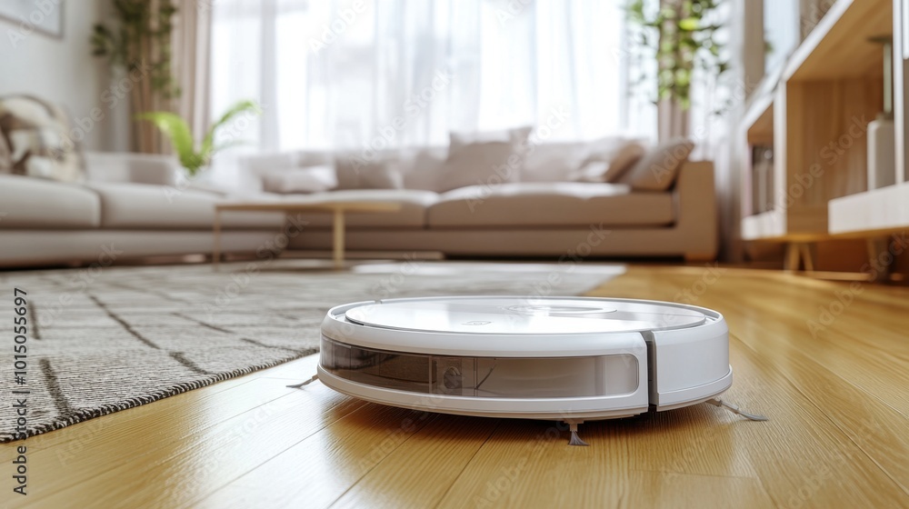 A robotic vacuum cleaner navigating around furniture in a chic apartment, showcasing the advanced features of smart cleaning technology for effortless maintenance. A robotic vacuum cleaner navigating around furniture in a chic apartment, showcasing the advanced features of smart cleaning technology for effortless maintenance.