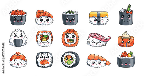Charming Collection Of Kawaii Sushi Characters Featuring Variety Of Adorable Expressions. Cartoon Vector Cute Rolls