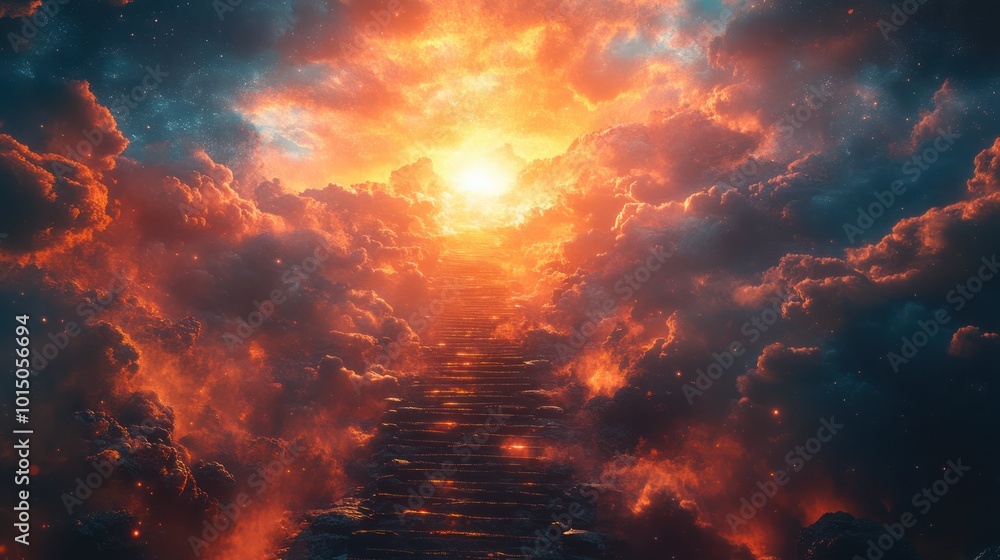 Fototapeta premium A stairway to heaven with glowing clouds and a bright sun shining through.