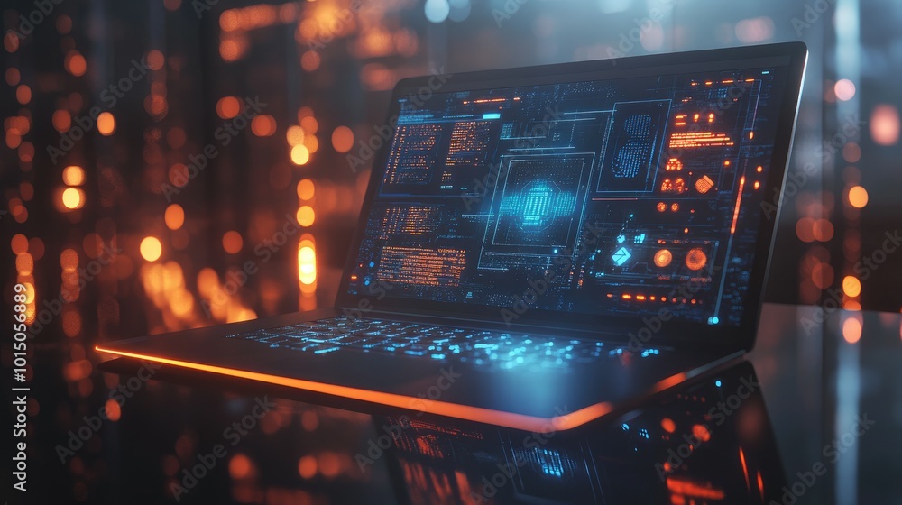 A modern laptop displaying a smart digital interface with glowing tech icons and a futuristic theme, creating a high-tech atmosphere A modern laptop displaying a smart digital interface with glowing tech icons and a futuristic theme, creating a high-tech atmosphere