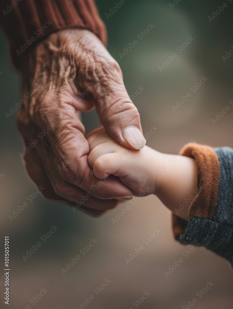 Fototapeta premium A poignant moment captured as a wrinkled, elderly hand tenderly holds a young child's finger, symbolizing the gentle connection between generations.