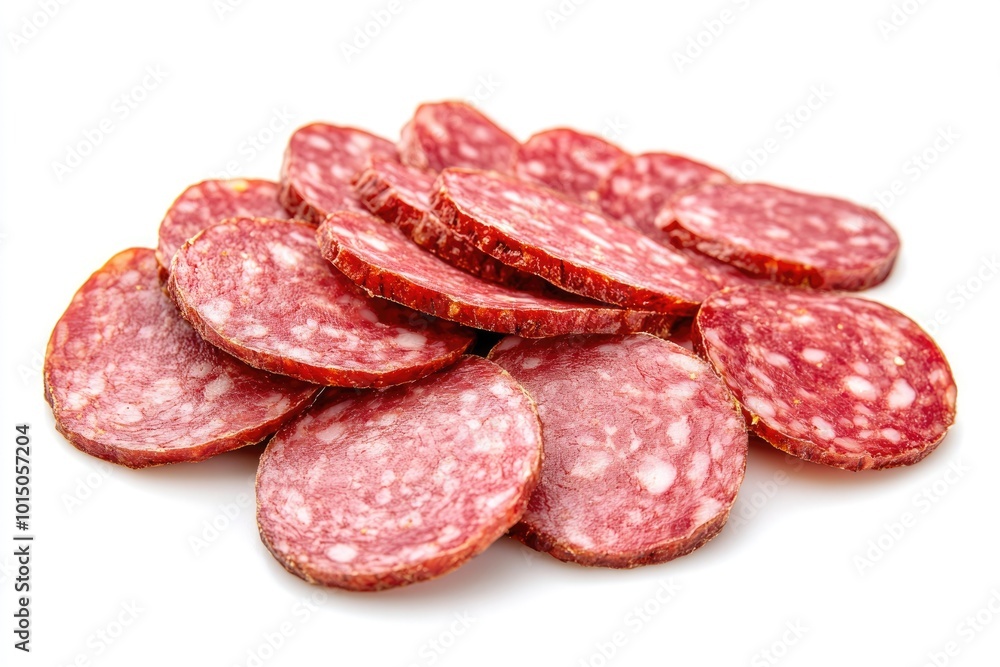 Spicey Salami Sausage Slices on White Background, Top View Spicey Salami Sausage Slices on White Background, Top View