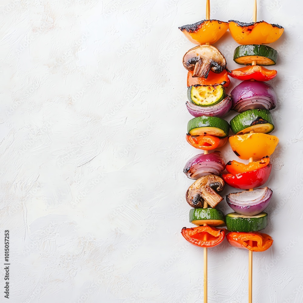 Obraz premium Delicious vegetable skewers featuring colorful peppers, onions, mushrooms, and zucchini, perfect for grilling or healthy meals.