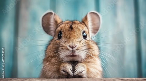 A charming close-up of a fluffy brown bunny rabbit with large ears, gazing directly at the camera against a soft blue background, exuding cuteness and warmth. photo