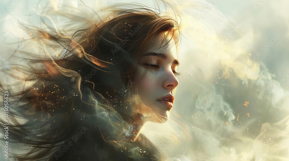 Captivating portrait of a serene woman with flowing hair, bathed in gentle sunlight and tranquility Captivating portrait of a serene woman with flowing hair, bathed in gentle sunlight and tranquility