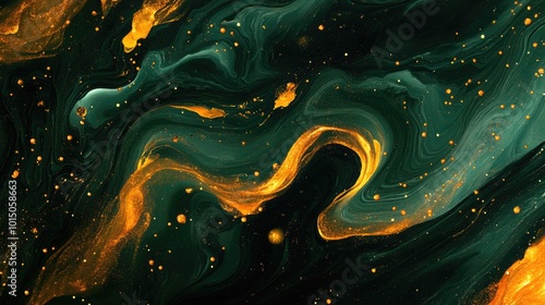 Vivid Green and Orange Liquid Swirls with Gleaming Gold Accents. Abstract Artistic Design Background